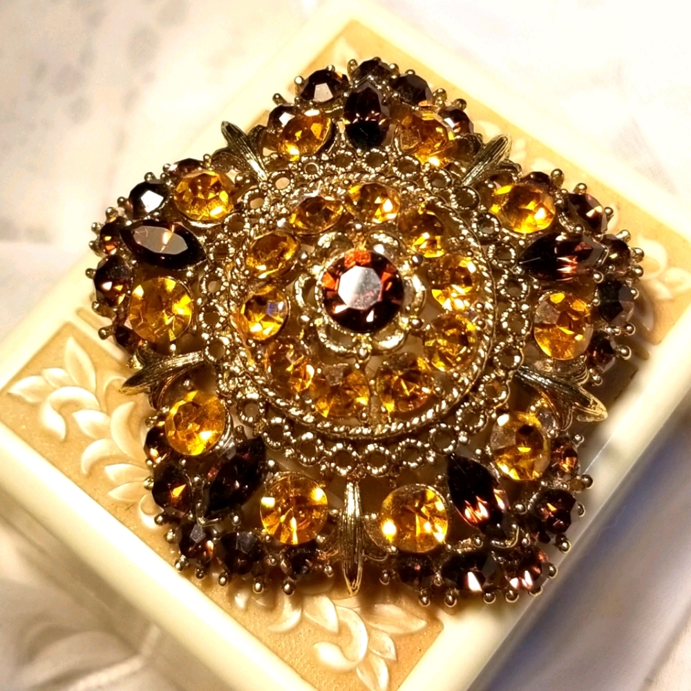 Vintage Domed Amber Crystal Brooch